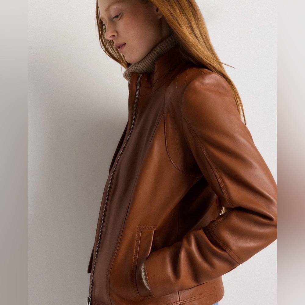 NWT Quince Leather Stand- Collar Jacket in Cognac - Picture 4 of 16